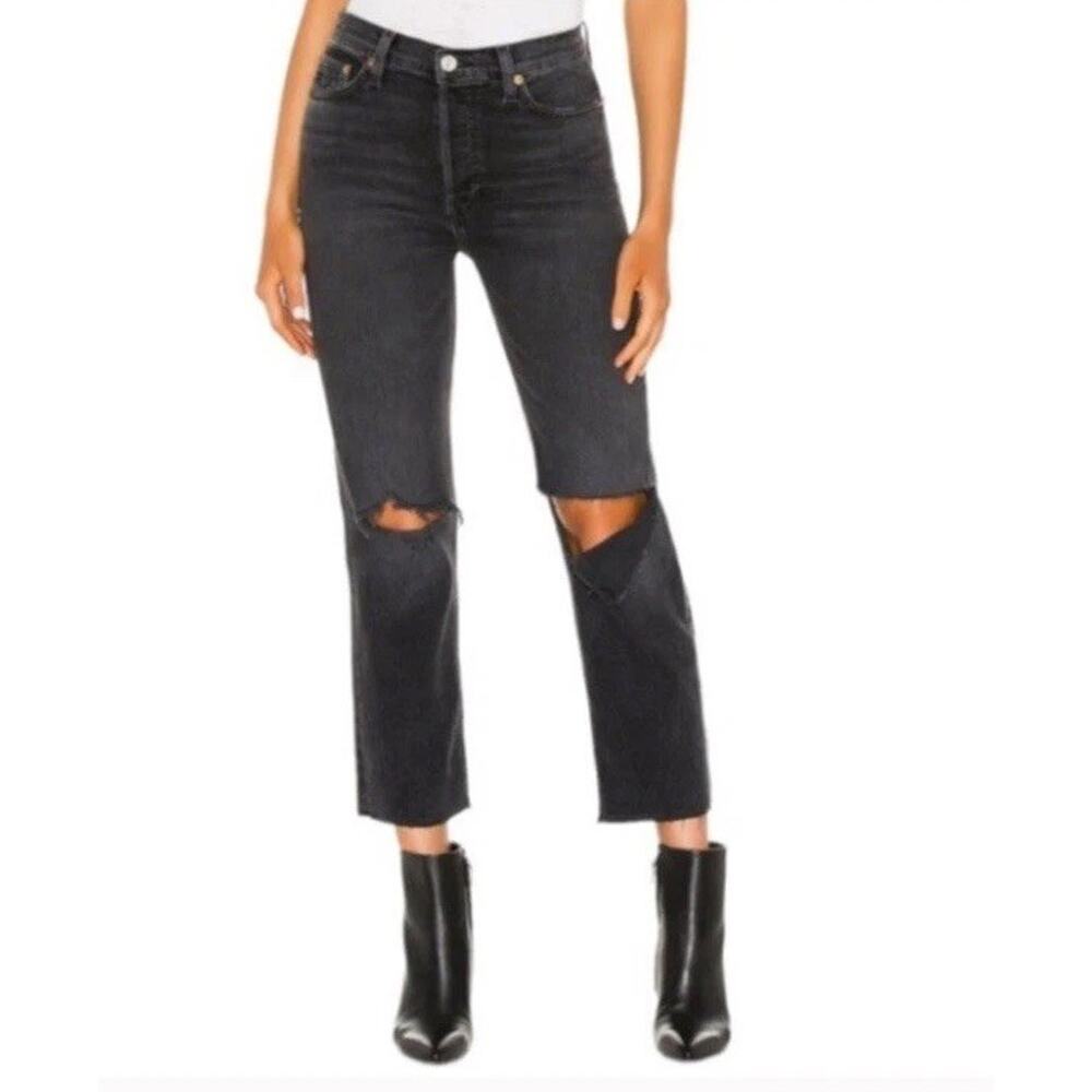 RE/DONE SIZE 27 Gray 70s Stove Pipe Jeans in Faded Coal with Rips Ankle Length